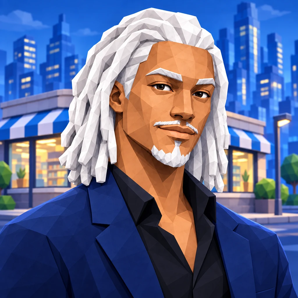 The founder character: grey beanie, pink hair, purple vest
