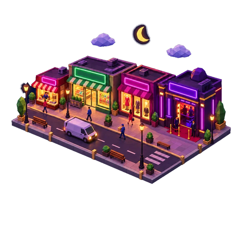 A small city block at night under a crescent moon, every business lit and running
