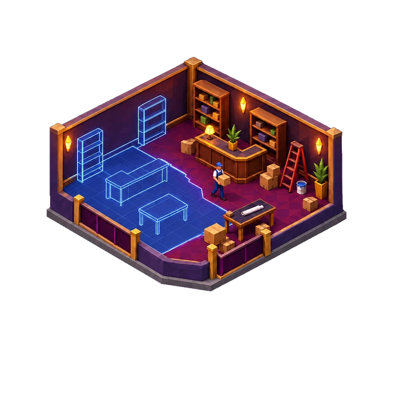 An empty room being set up: half the furniture still blueprint outlines, half already placed