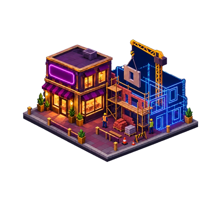 A finished shop with a new extension under construction next to it, part of it still blueprint lines